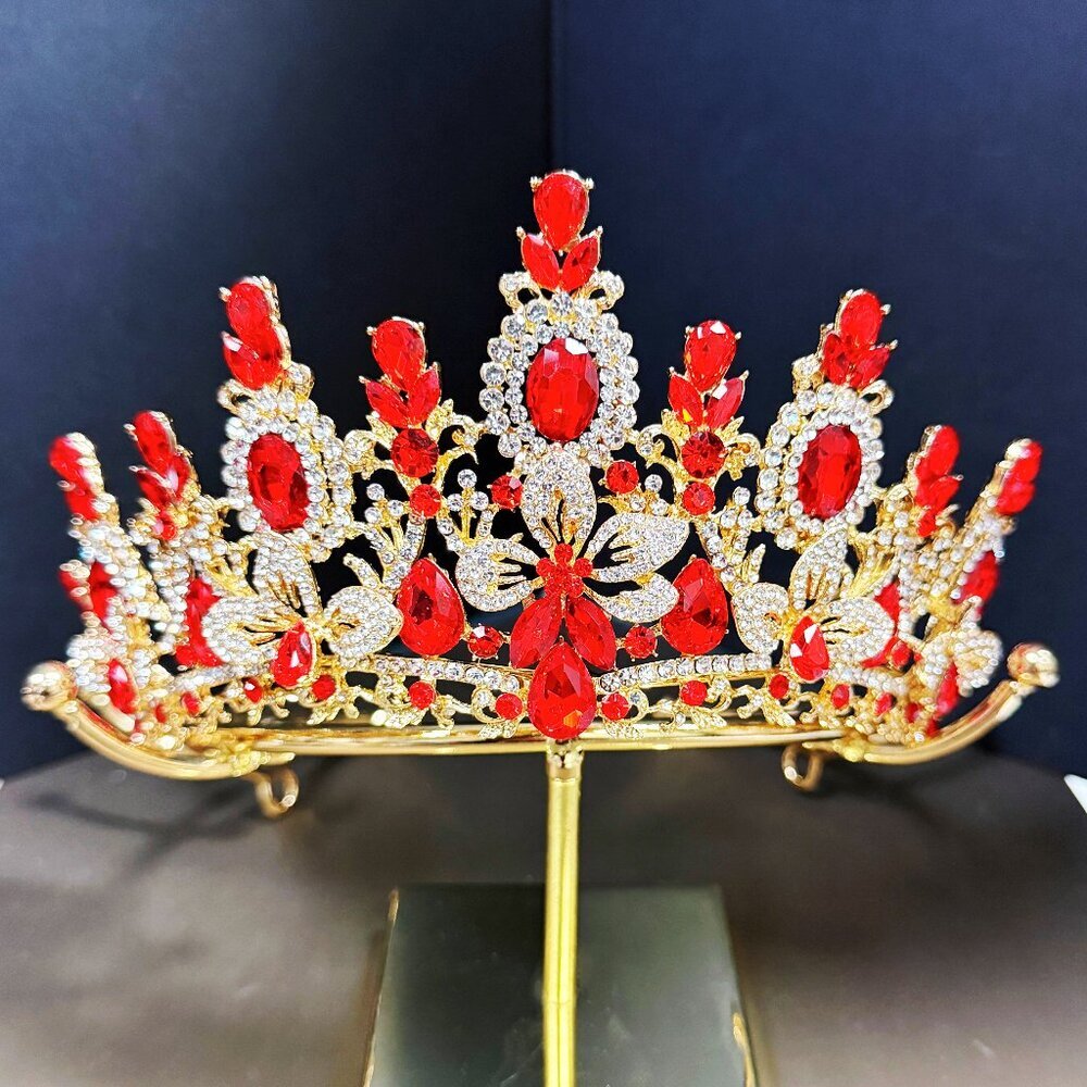 Princess Flower Crown, Floral Tiara, Birthday Party Crown, Red Crystal Tiara